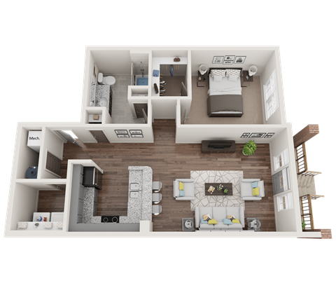 Floor plan for 1 bed, 1 bath, 778 sqft